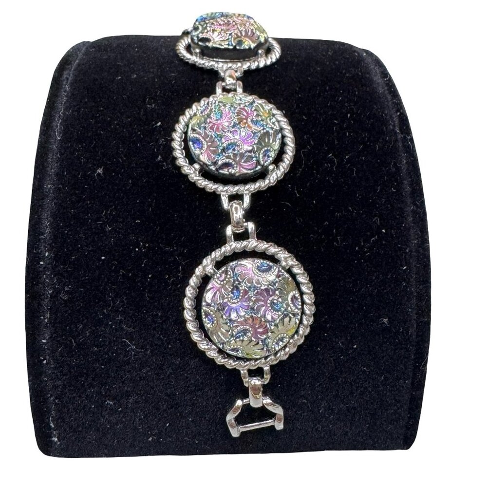 Vintage Sarah Coventry Silver Bracelet Iridescent Floral Etched Cabochons Rope